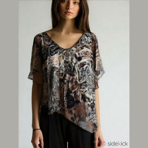 Le Château Brown Black Sheer asymmetrical Boho Blouse with Feathers